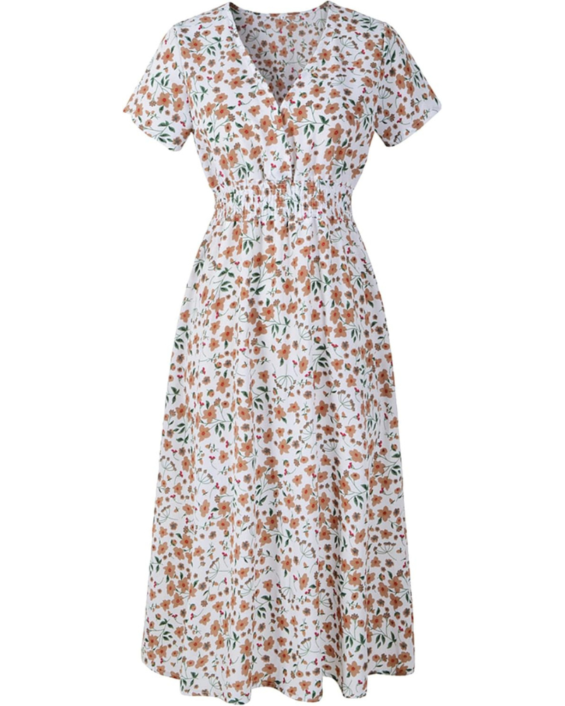 Diana Women's Midi Dress – Floral Chiffon Dress with V-Neck and Short Sleeves