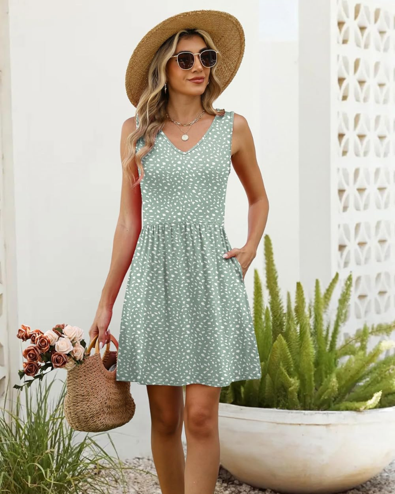 Isabelle Women’s Mini Dress – V-Neck, A-Line, Pleats and Side Pockets