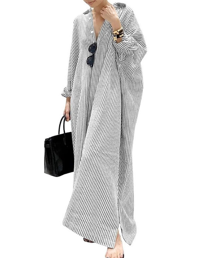 Vestido Maya para mujer – Vestido camisa maxi a rayas con cuello, botones y tela ligera