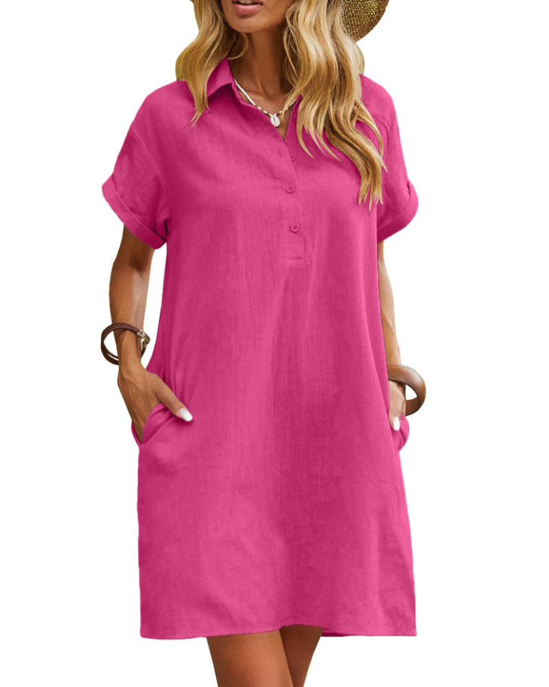 Camisa camisera de mujer Clarissa Abito – Algodón, escote en V, mangas cortas y bolsillos