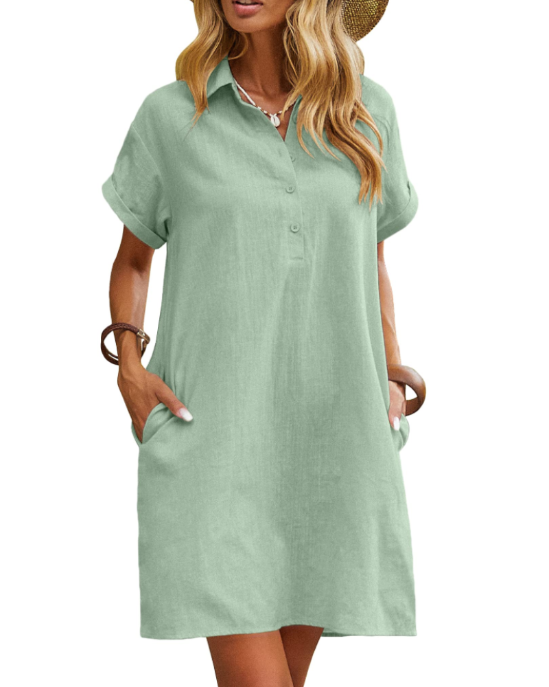 Camisa camisera de mujer Clarissa Abito – Algodón, escote en V, mangas cortas y bolsillos