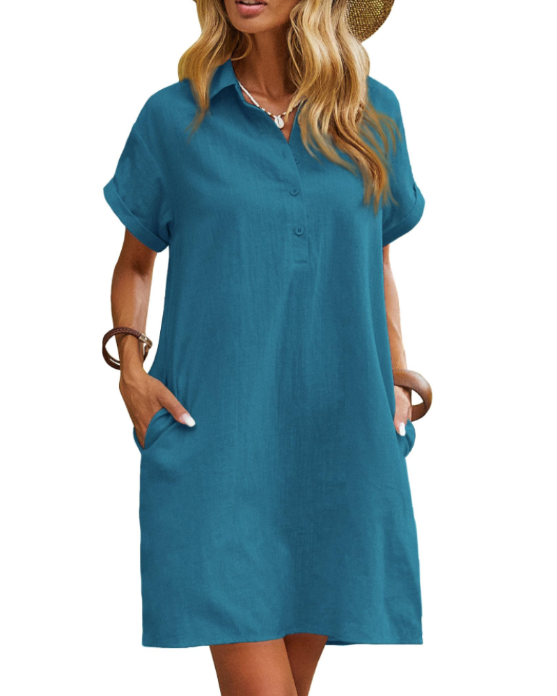 Camisa camisera de mujer Clarissa Abito – Algodón, escote en V, mangas cortas y bolsillos