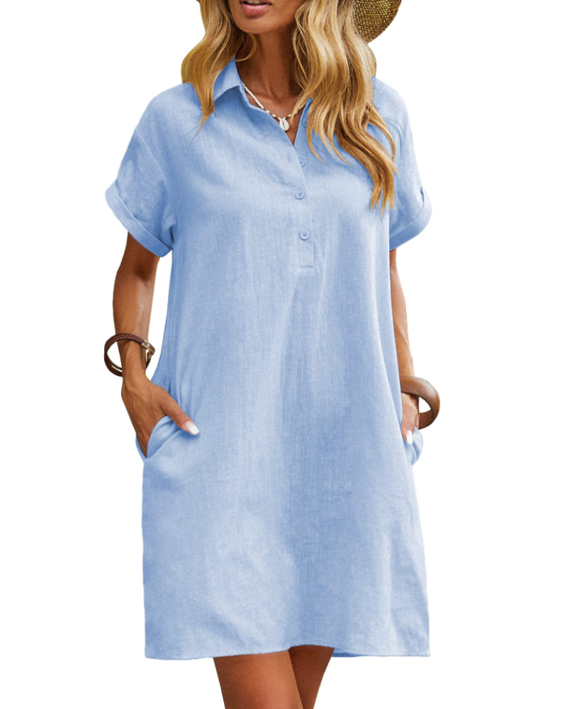 Camisa camisera de mujer Clarissa Abito – Algodón, escote en V, mangas cortas y bolsillos