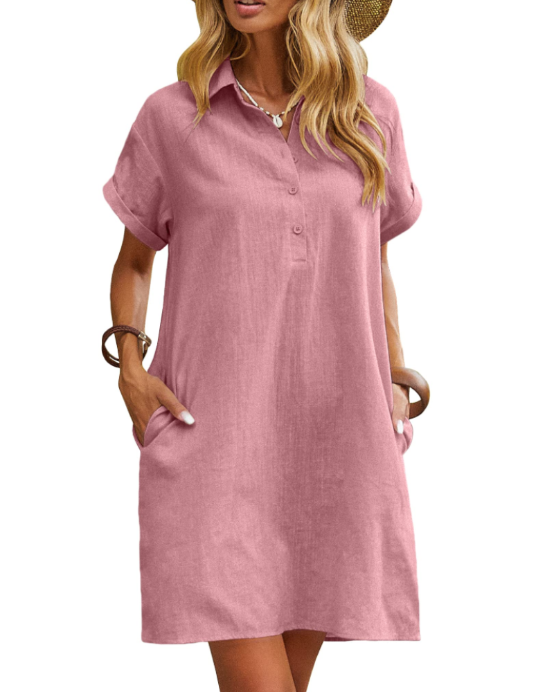 Camisa camisera de mujer Clarissa Abito – Algodón, escote en V, mangas cortas y bolsillos