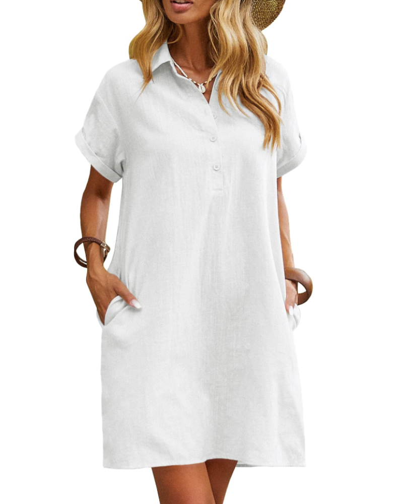 Camisa camisera de mujer Clarissa Abito – Algodón, escote en V, mangas cortas y bolsillos
