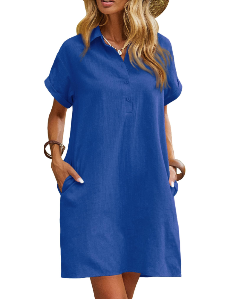 Camisa camisera de mujer Clarissa Abito – Algodón, escote en V, mangas cortas y bolsillos