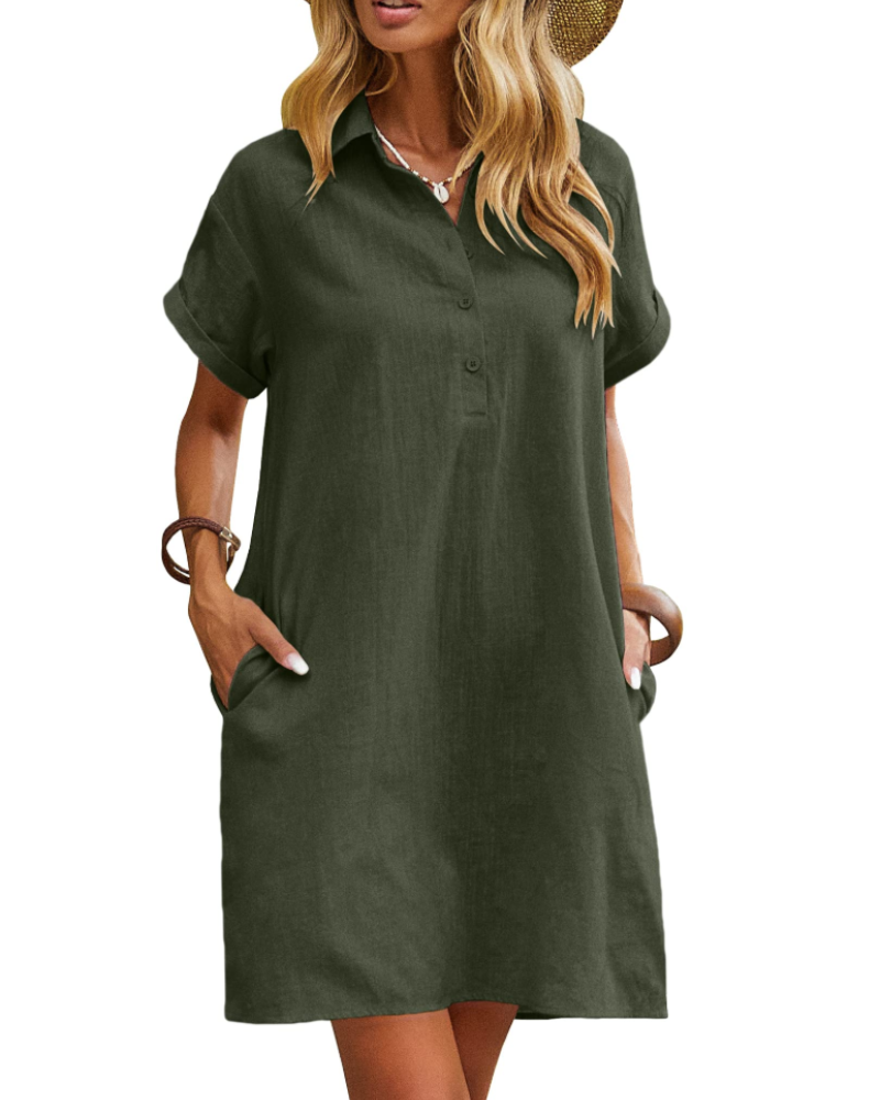 Camisa camisera de mujer Clarissa Abito – Algodón, escote en V, mangas cortas y bolsillos