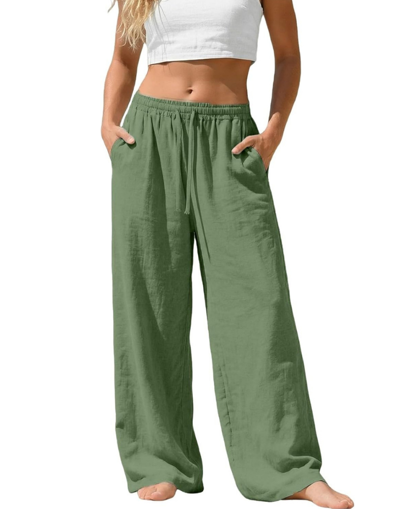 Amelia Palazzo Pants for Women – Cotton and Linen, High Elastic Waist with Pockets
