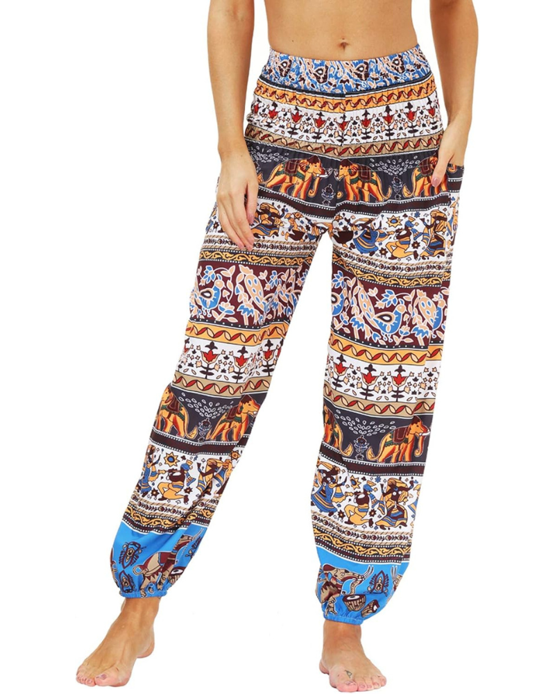 Evelyn Women's Harem Pants – High Elastic Waist, Boho Print, and Pockets