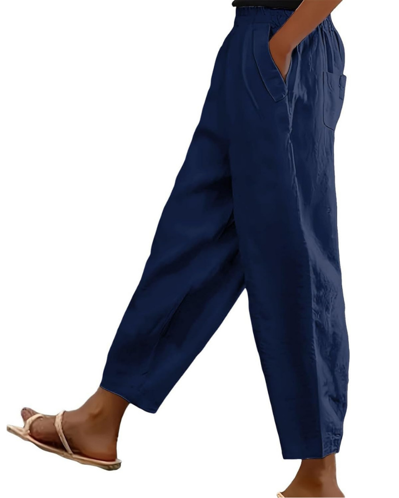 Sophia Women's Pants in Linen Cotton – Elastic Waist, Straight Leg, and Casual Pockets