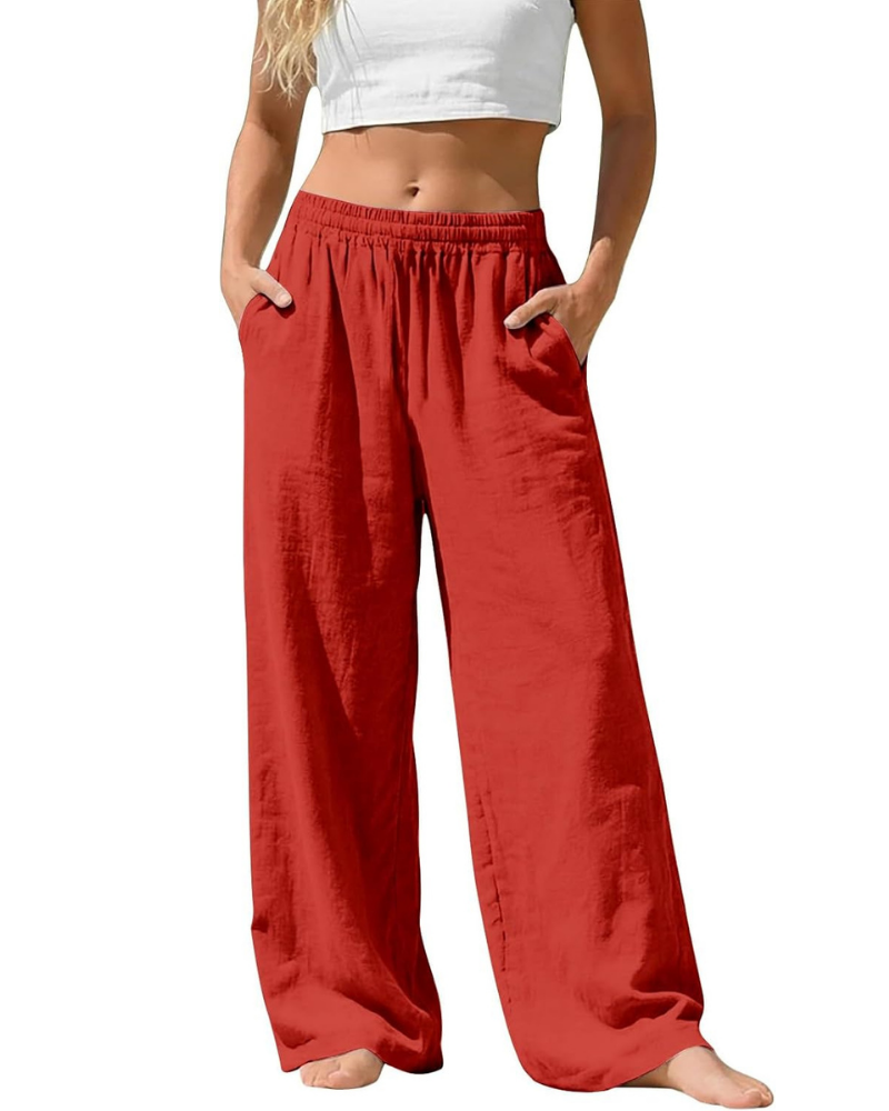 Amelia Palazzo Pants for Women – Cotton and Linen, High Elastic Waist with Pockets