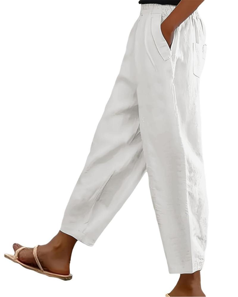 Sophia Women's Pants in Linen Cotton – Elastic Waist, Straight Leg, and Casual Pockets