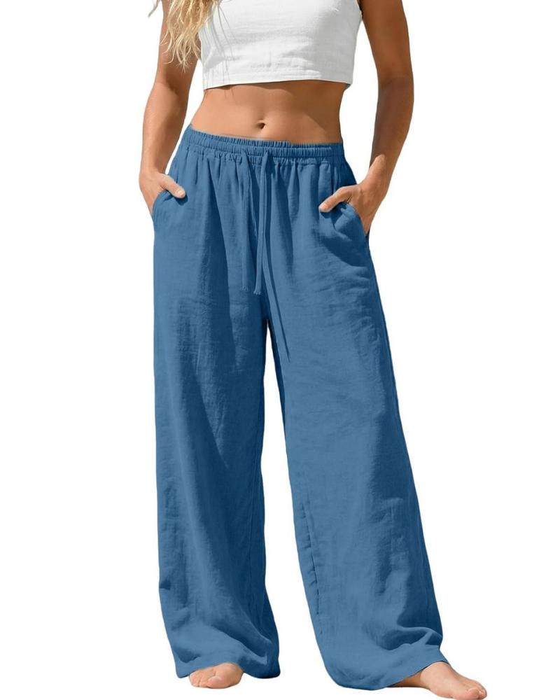 Amelia Palazzo Pants for Women – Cotton and Linen, High Elastic Waist with Pockets