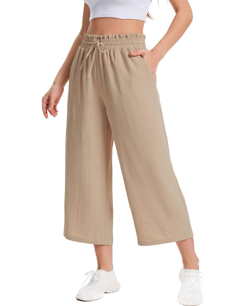 Phoebe Women's Capri Pants – High Waist with Drawstring, Wide Leg, and Pockets
