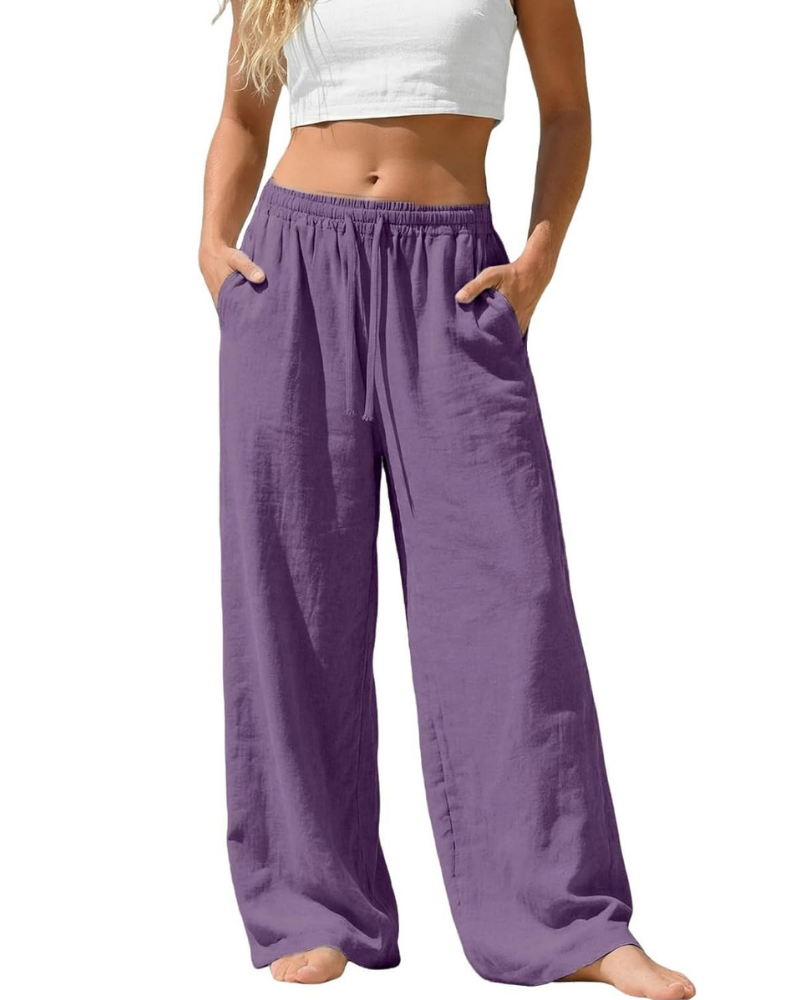 Amelia Palazzo Pants for Women – Cotton and Linen, High Elastic Waist with Pockets