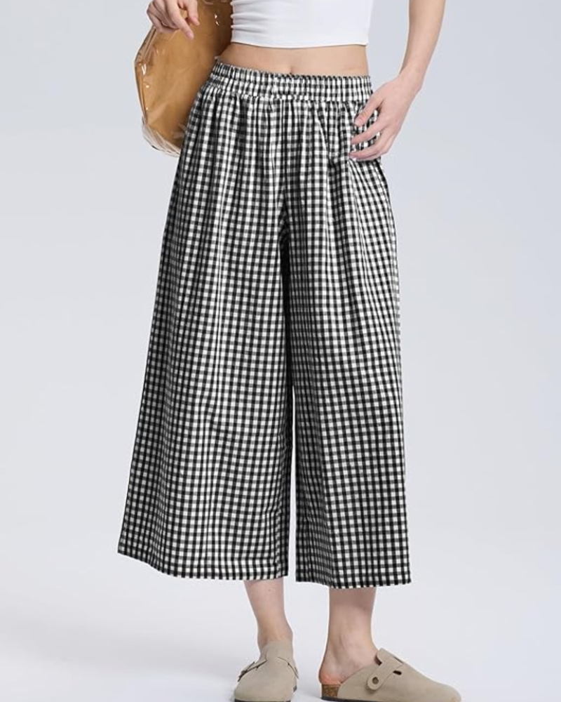Lauren Women's Capri Pants – Elastic Waist, Wide Leg, and Striped or Checked Pattern