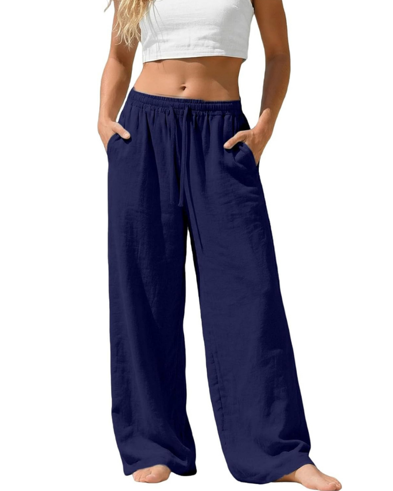Amelia Palazzo Pants for Women – Cotton and Linen, High Elastic Waist with Pockets