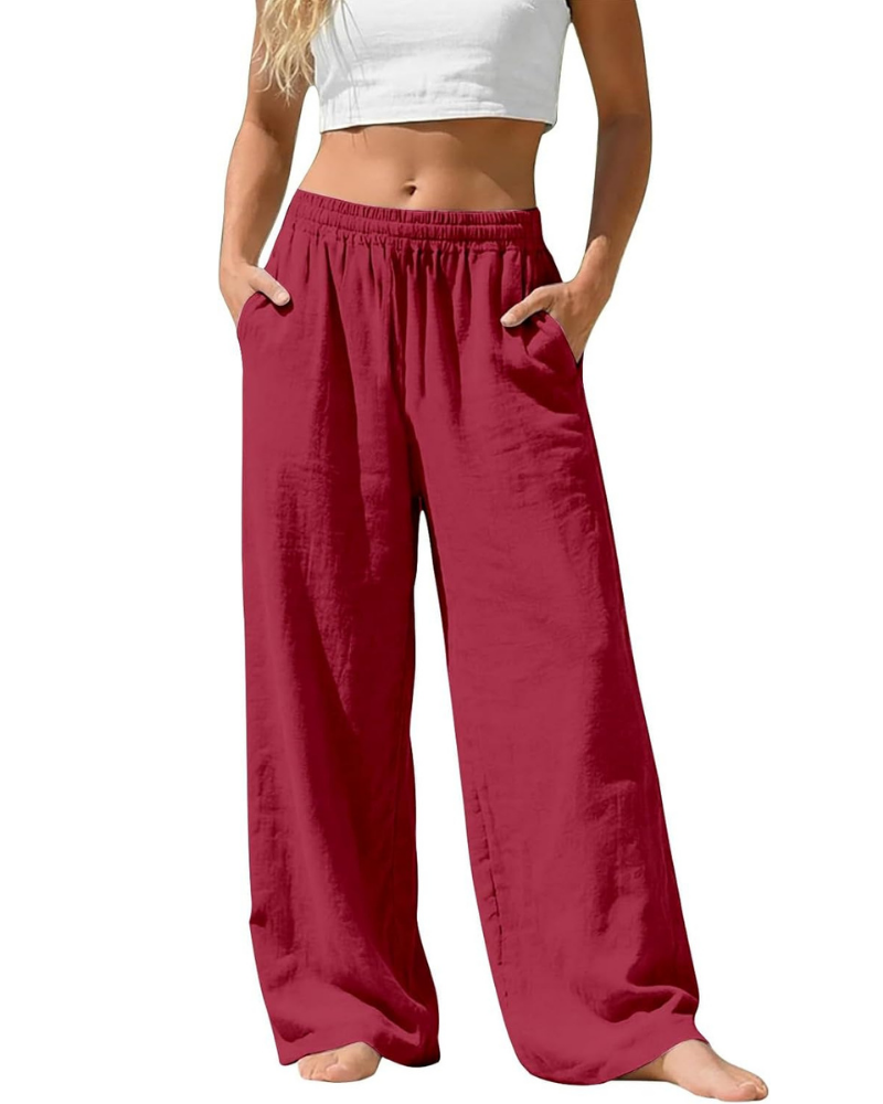 Amelia Palazzo Pants for Women – Cotton and Linen, High Elastic Waist with Pockets