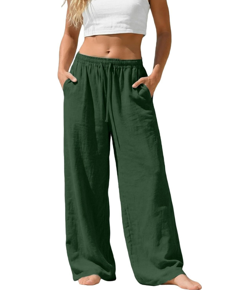 Amelia Palazzo Pants for Women – Cotton and Linen, High Elastic Waist with Pockets