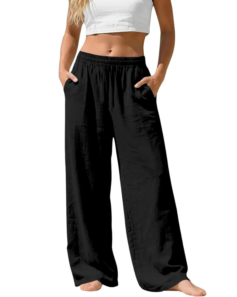 Amelia Palazzo Pants for Women – Cotton and Linen, High Elastic Waist with Pockets