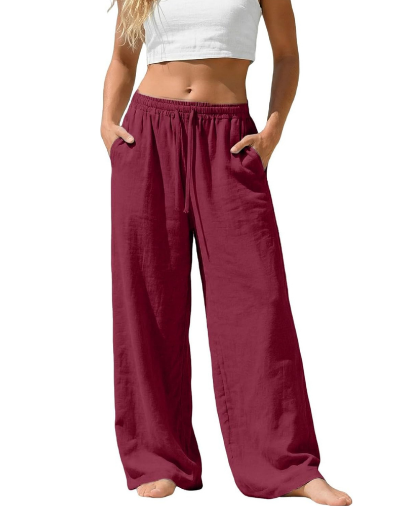 Amelia Palazzo Pants for Women – Cotton and Linen, High Elastic Waist with Pockets