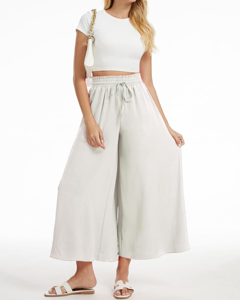 Pantalones Palazzo para mujer Tabitha – Cintura alta elástica, volantes y bolsillos