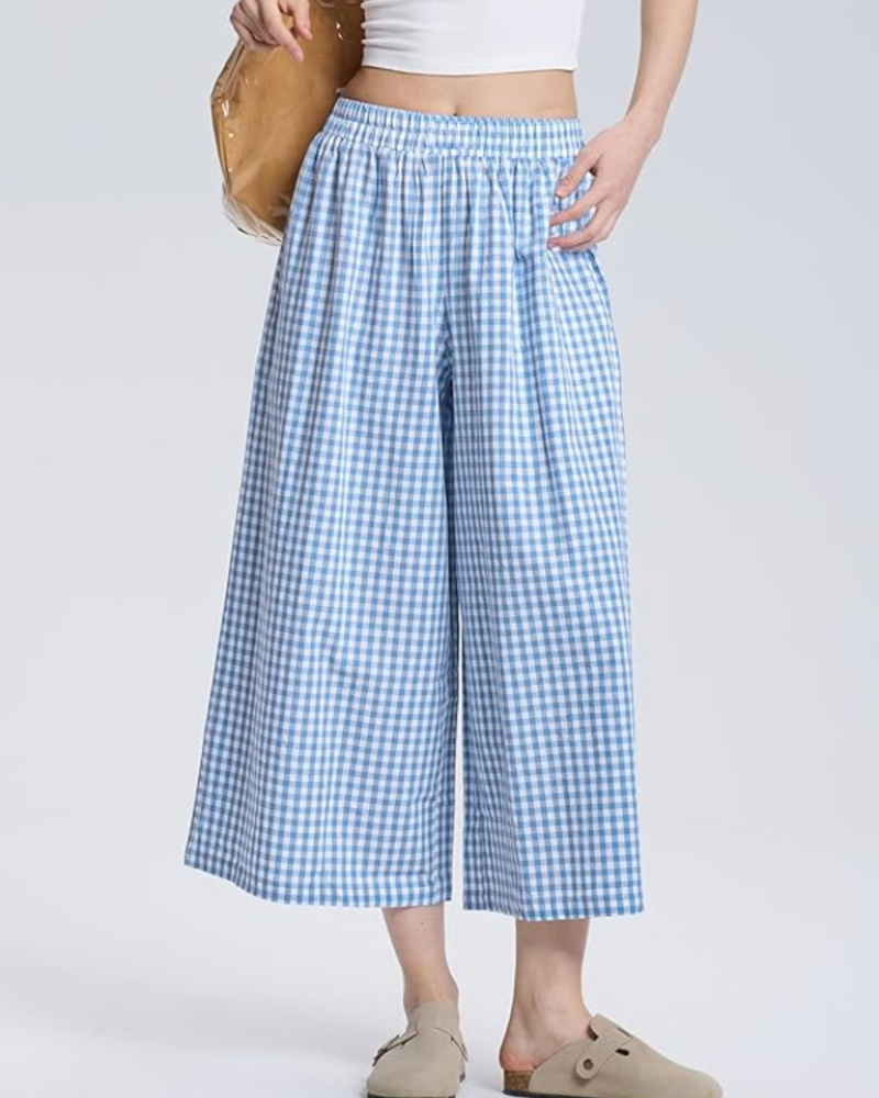 Lauren Women's Capri Pants – Elastic Waist, Wide Leg, and Striped or Checked Pattern