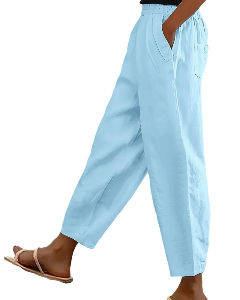 Sophia Women's Pants in Linen Cotton – Elastic Waist, Straight Leg, and Casual Pockets