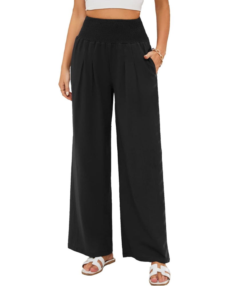 Maribel Women's Palazzo Pants – Cotton and Linen with High Waist, Pleats, and Pockets