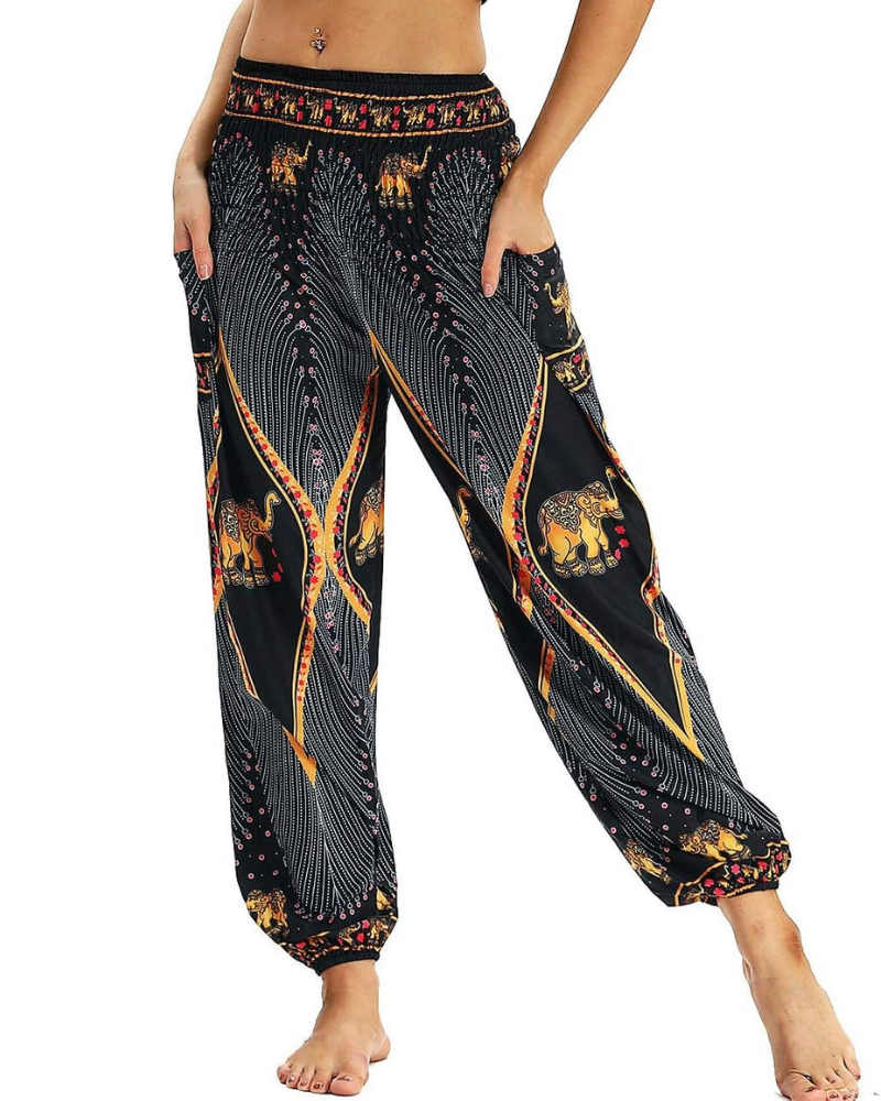 Evelyn Women's Harem Pants – High Elastic Waist, Boho Print, and Pockets