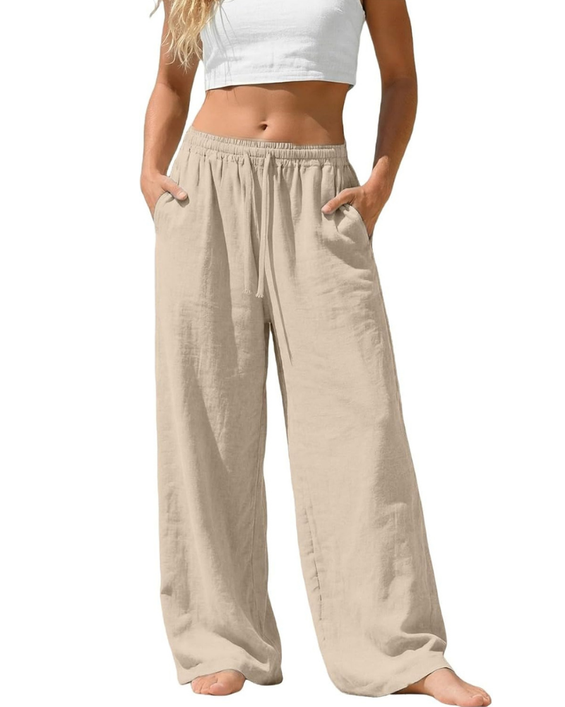 Amelia Palazzo Pants for Women – Cotton and Linen, High Elastic Waist with Pockets