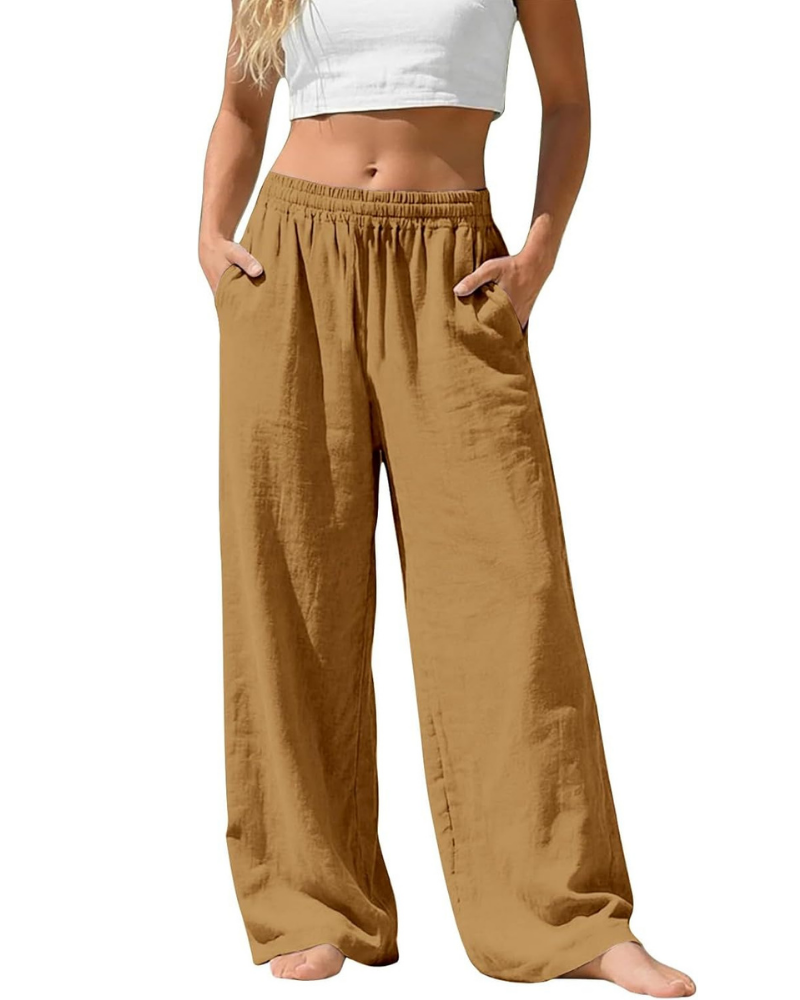 Amelia Palazzo Pants for Women – Cotton and Linen, High Elastic Waist with Pockets