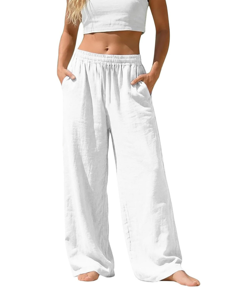 Amelia Palazzo Pants for Women – Cotton and Linen, High Elastic Waist with Pockets