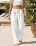 Amelia Pantaloni Palazzo Donna – Cotone e Lino, Vita Alta Elasticizzata con Tasche