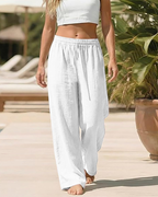 Amelia Pantaloni Palazzo Donna – Cotone e Lino, Vita Alta Elasticizzata con Tasche