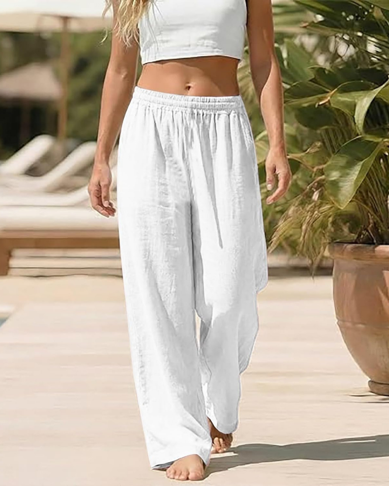 Amelia Palazzo Pants for Women – Cotton and Linen, High Elastic Waist with Pockets