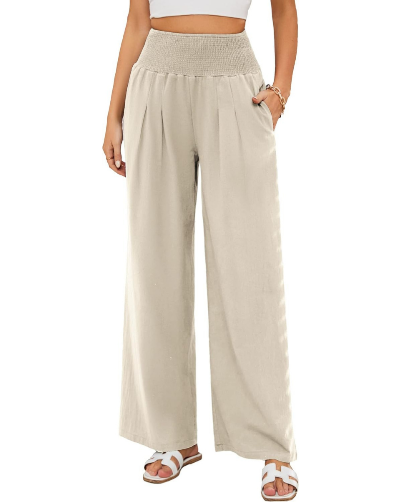 Maribel Pantaloni Palazzo Donna – Cotone e Lino con Vita Alta, Pieghe e Tasche