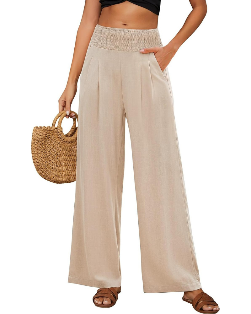 Brielle Women's Linen Pants – High Elastic Waist, Wide Leg, and Pockets
