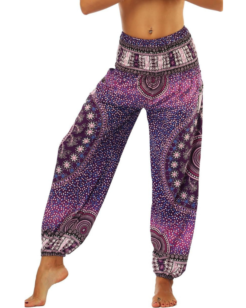 Evelyn Women's Harem Pants – High Elastic Waist, Boho Print, and Pockets