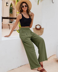 Pantaloni Brielle din in pentru femei – talie înaltă elastică, picior larg și buzunare