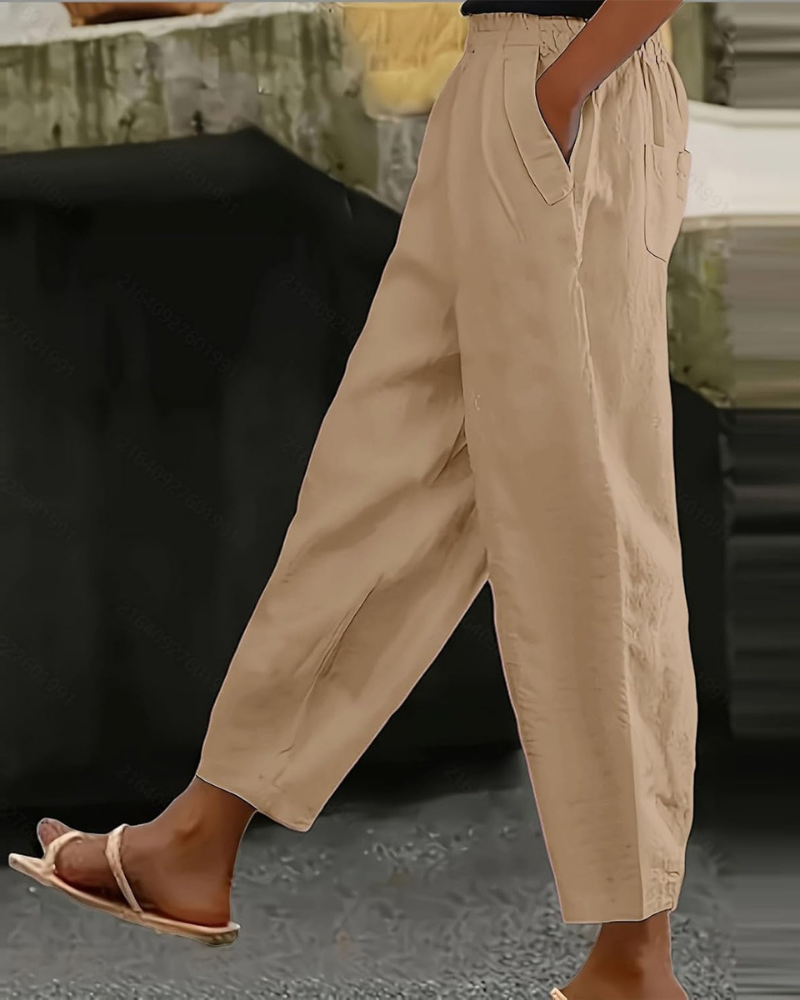 Sophia Women's Pants in Linen Cotton – Elastic Waist, Straight Leg, and Casual Pockets