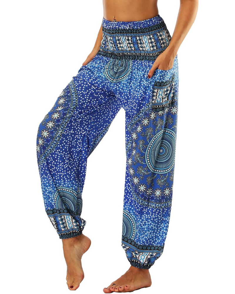 Evelyn Women's Harem Pants – High Elastic Waist, Boho Print, and Pockets
