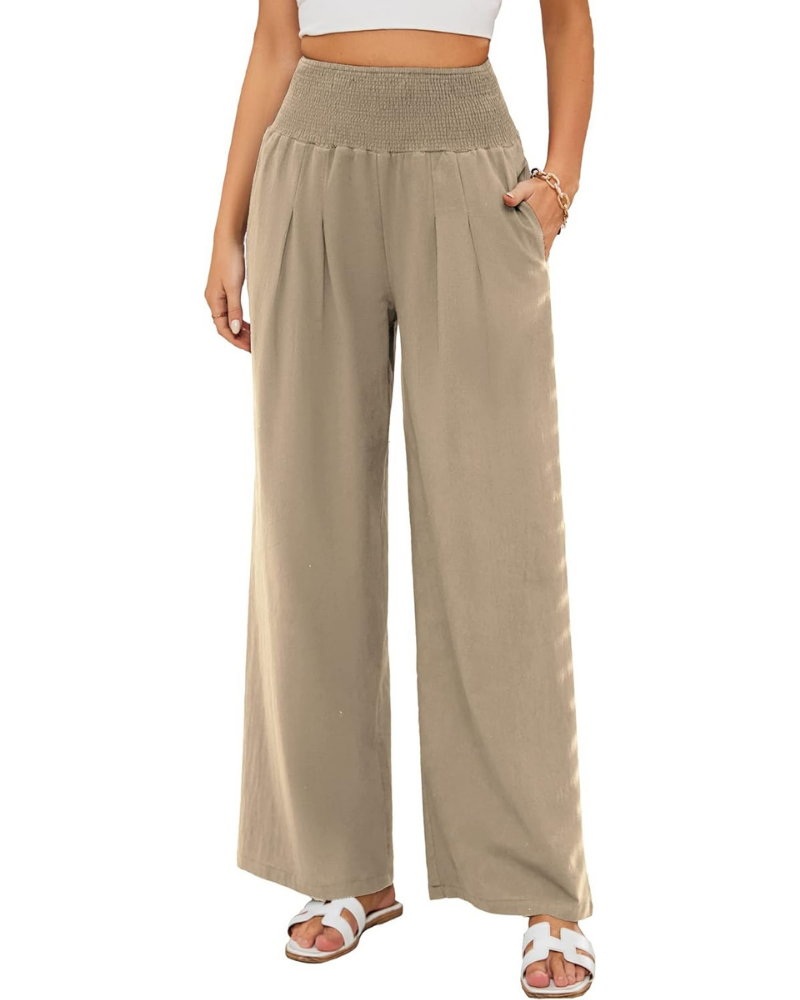 Maribel Women's Palazzo Pants – Cotton and Linen with High Waist, Pleats, and Pockets