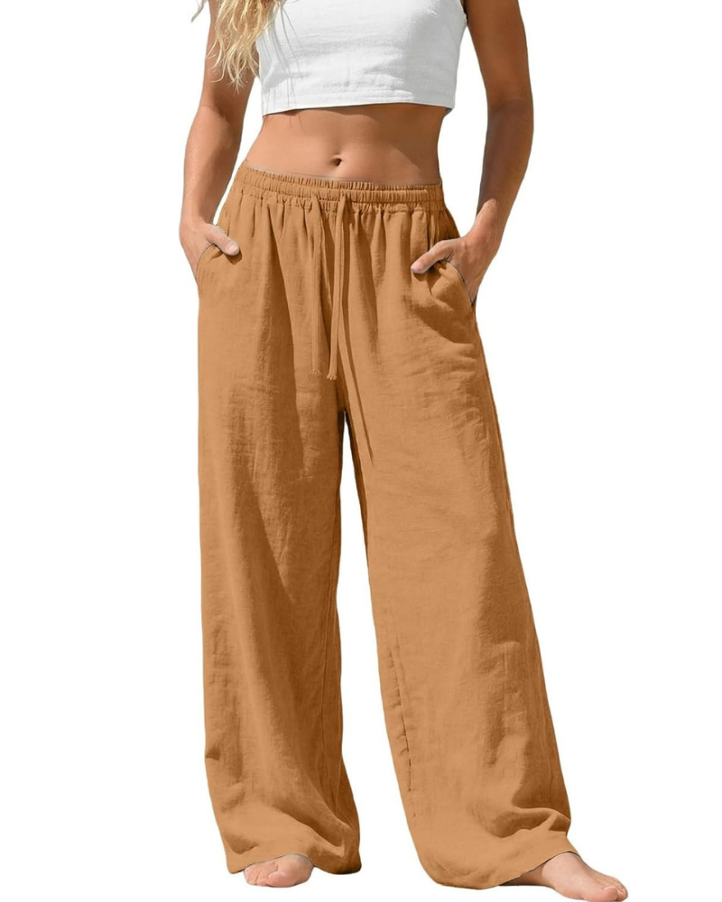 Amelia Palazzo Pants for Women – Cotton and Linen, High Elastic Waist with Pockets