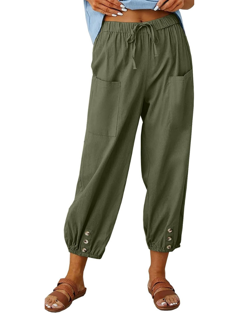 Pantalones Capri para mujer Aubrey – Cintura alta con cordón, bolsillos y dobladillo elástico