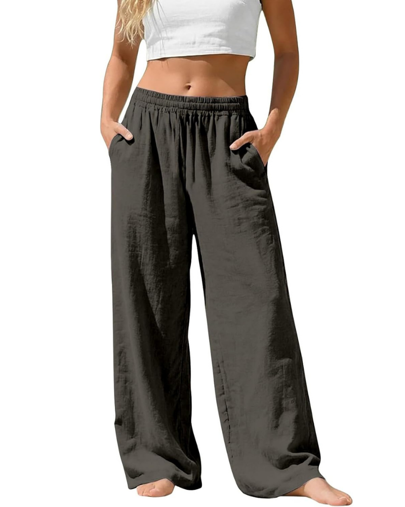 Amelia Palazzo Pants for Women – Cotton and Linen, High Elastic Waist with Pockets