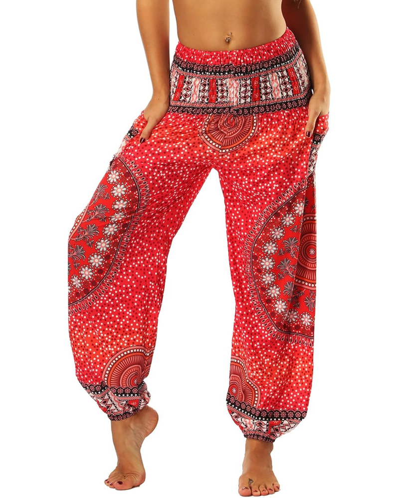 Evelyn Women's Harem Pants – High Elastic Waist, Boho Print, and Pockets