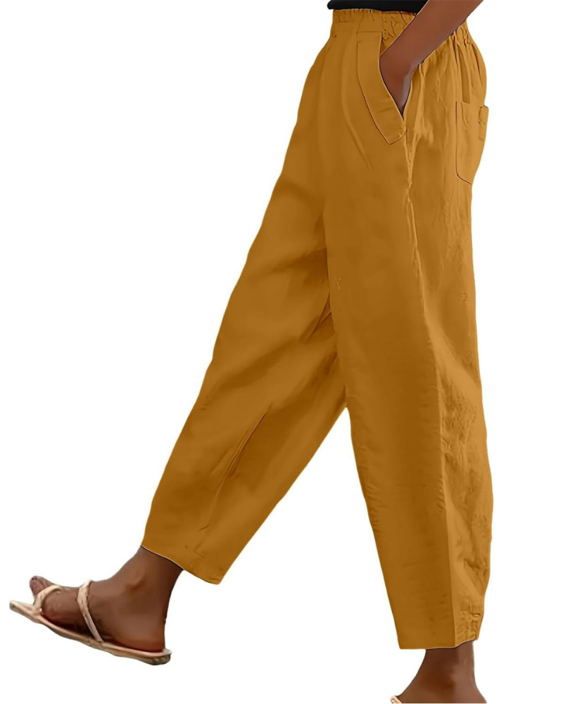 Sophia Women's Pants in Linen Cotton – Elastic Waist, Straight Leg, and Casual Pockets