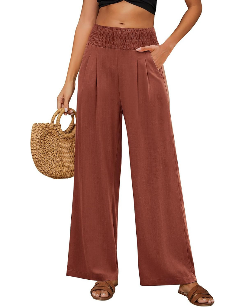 Brielle Women's Linen Pants – High Elastic Waist, Wide Leg, and Pockets