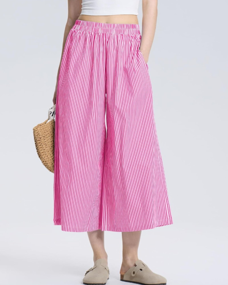 Lauren Women's Capri Pants – Elastic Waist, Wide Leg, and Striped or Checked Pattern